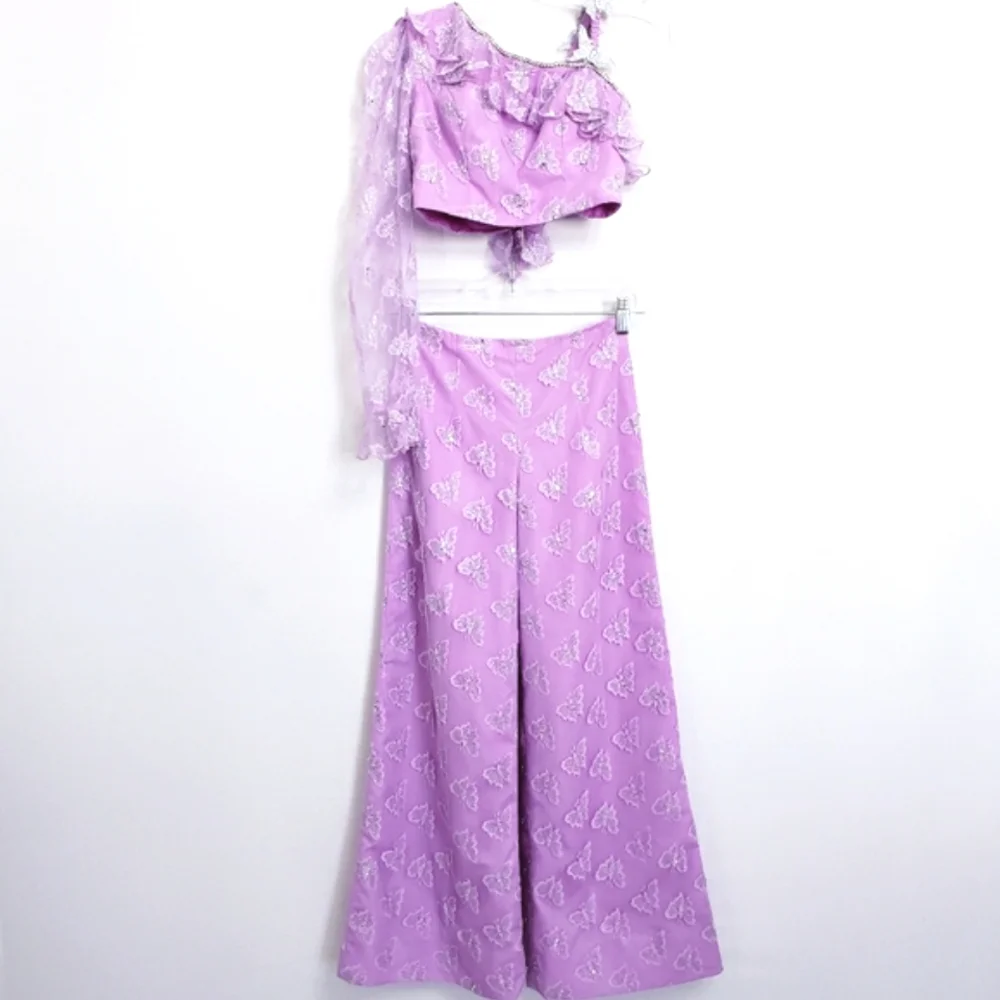 Lavender Floral Lace/Rhinestone Butterfly Pant/Crop Top Fun Fashion 2 Pc Set
